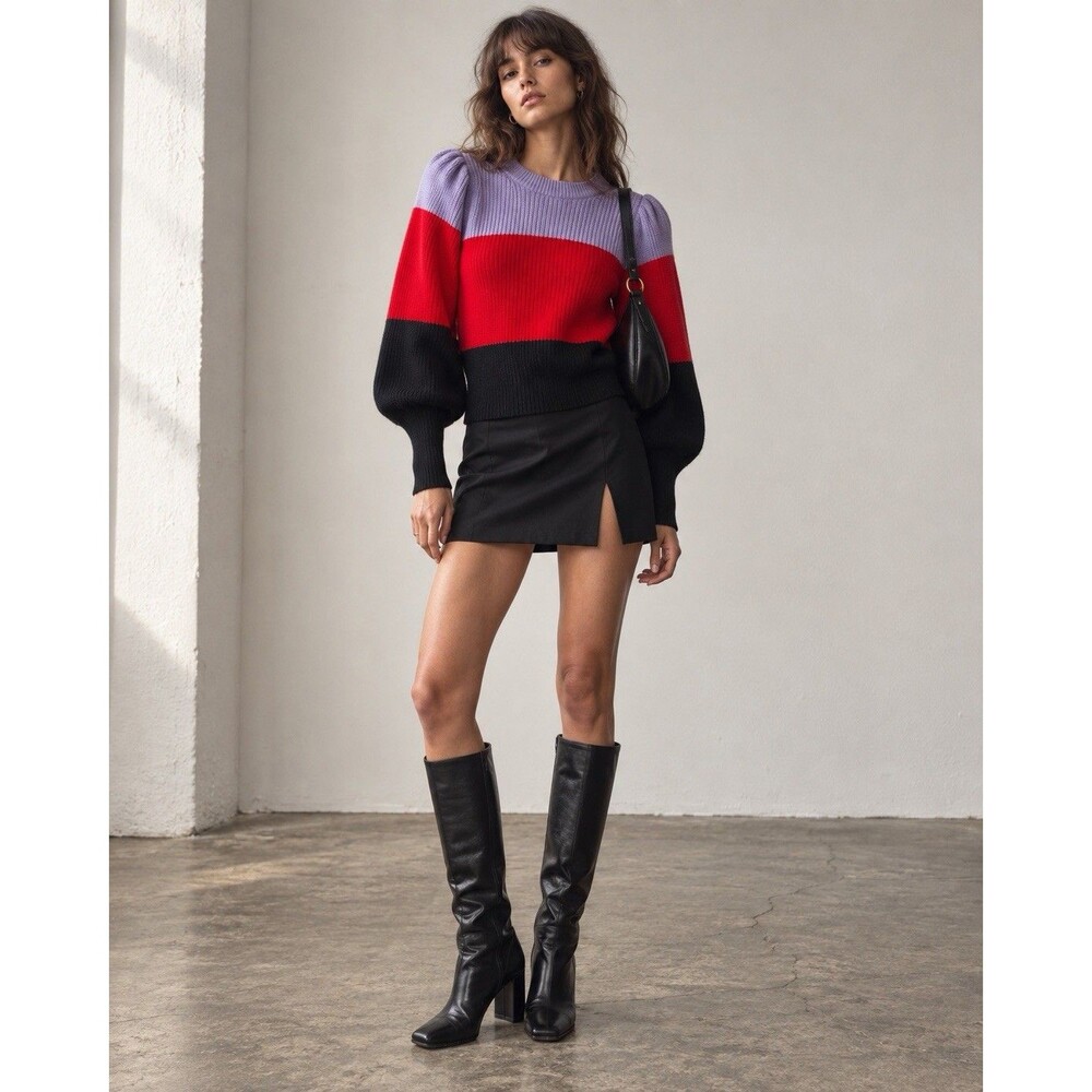 A.L.C. Sammy Puff Sleeve Sweater M Purple Red Black Wool Cashmere Colorblock